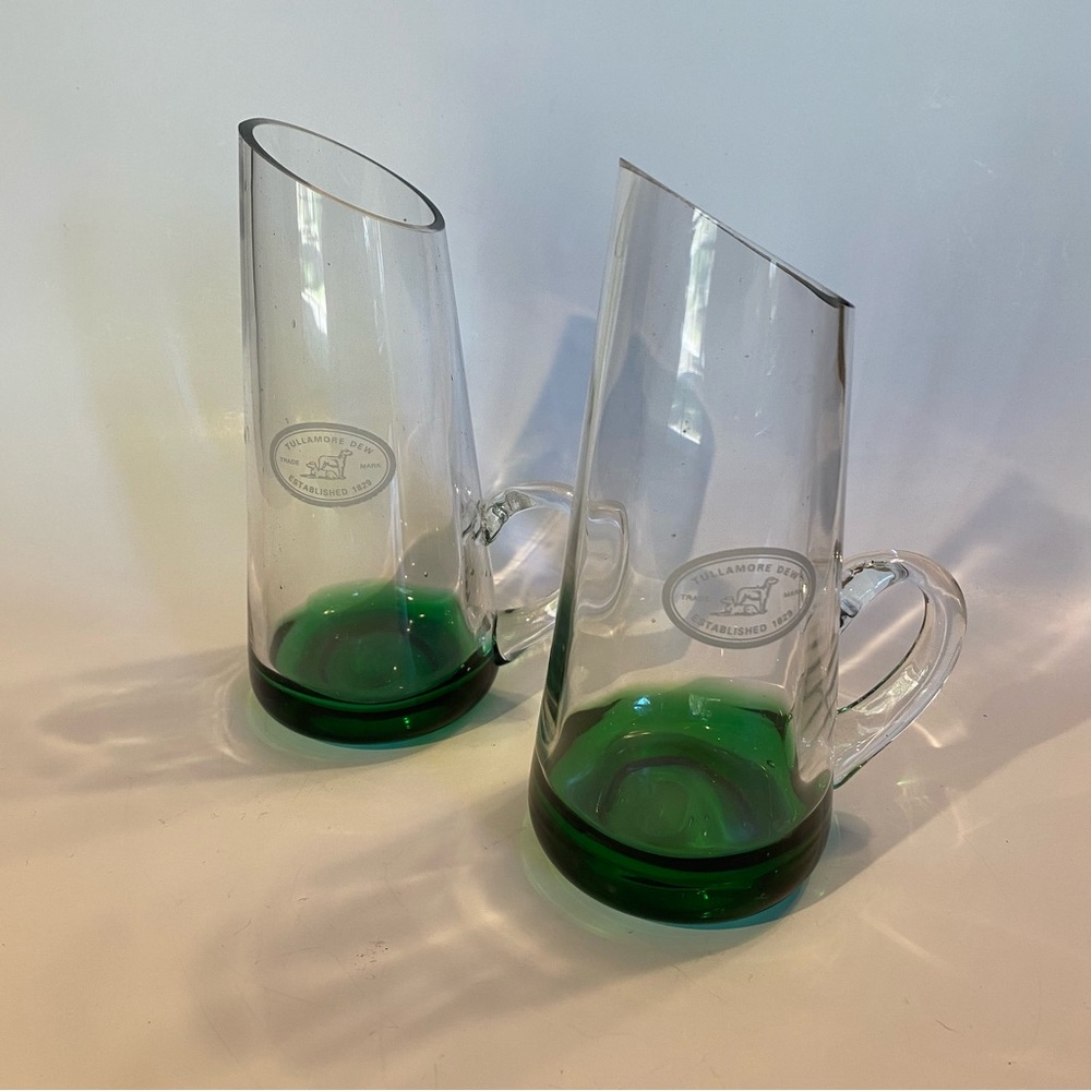 Tullamore Dew Glasses Etched Vintage Handblown with Applied Handle‎ Set of Two